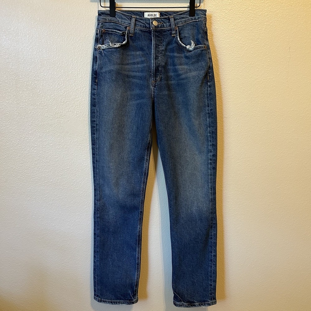 Agolde Riley Long High Jeans Size 25 Straight Leg Button Fly Distressed Stretch